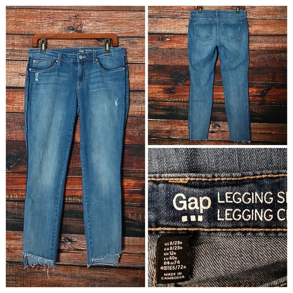 GAP Jeans 29 8 Legging Skimmer Ankle Distressed Shark Bite Raw Hem Striped - Picture 1 of 9